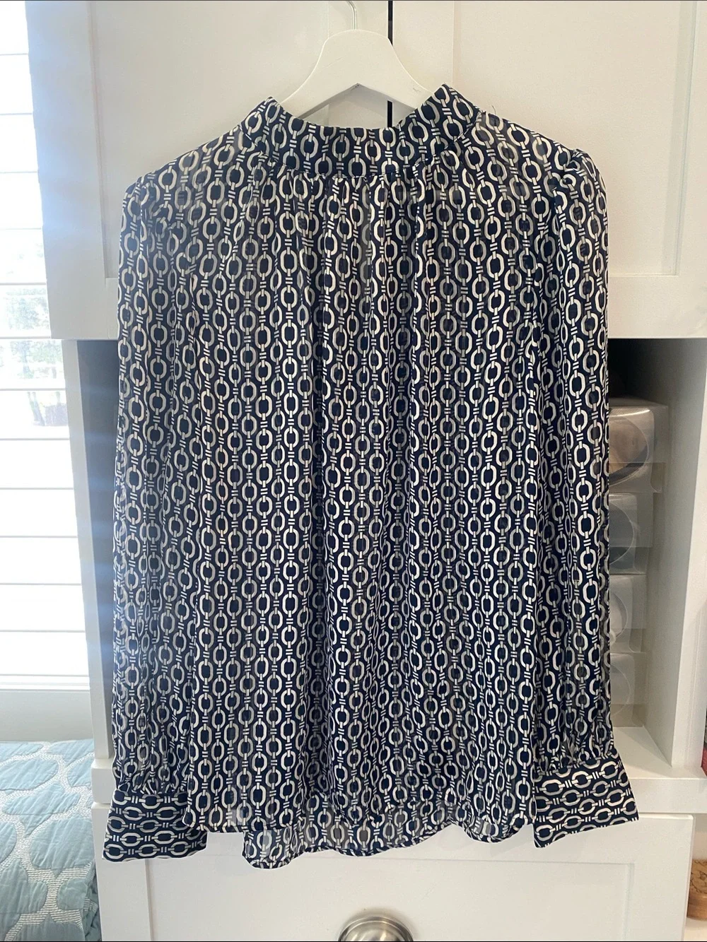 H&M Navy and White Chainlink Print Long Sleeve Blouse - Picture 1 of 5